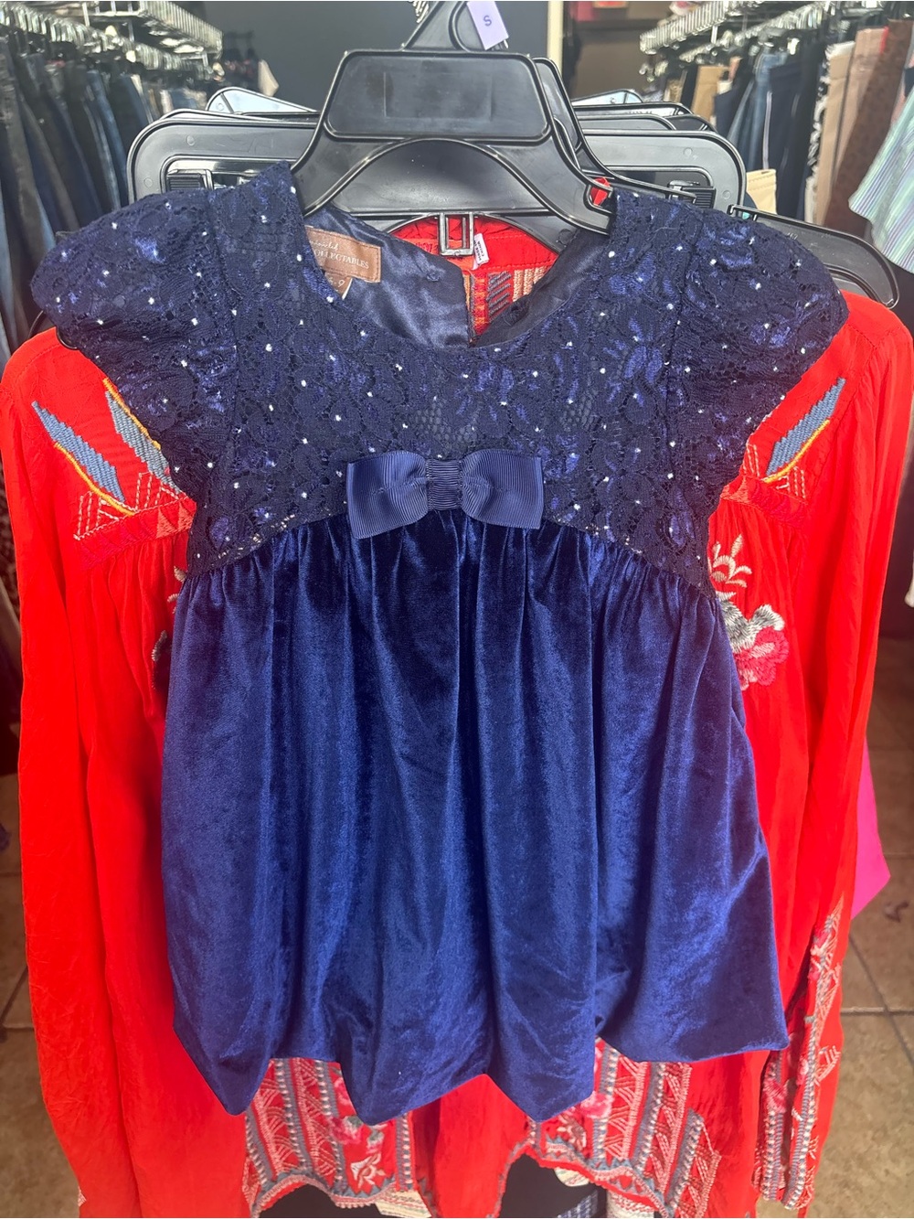 Navy Velvet Sequin Bow Party Dress for Girls